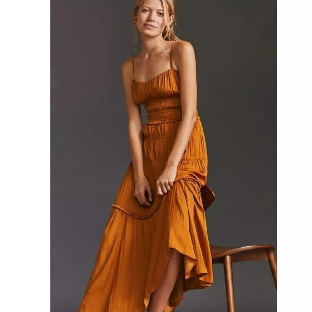 Anthropologie Ruched Slip Dress - bronze